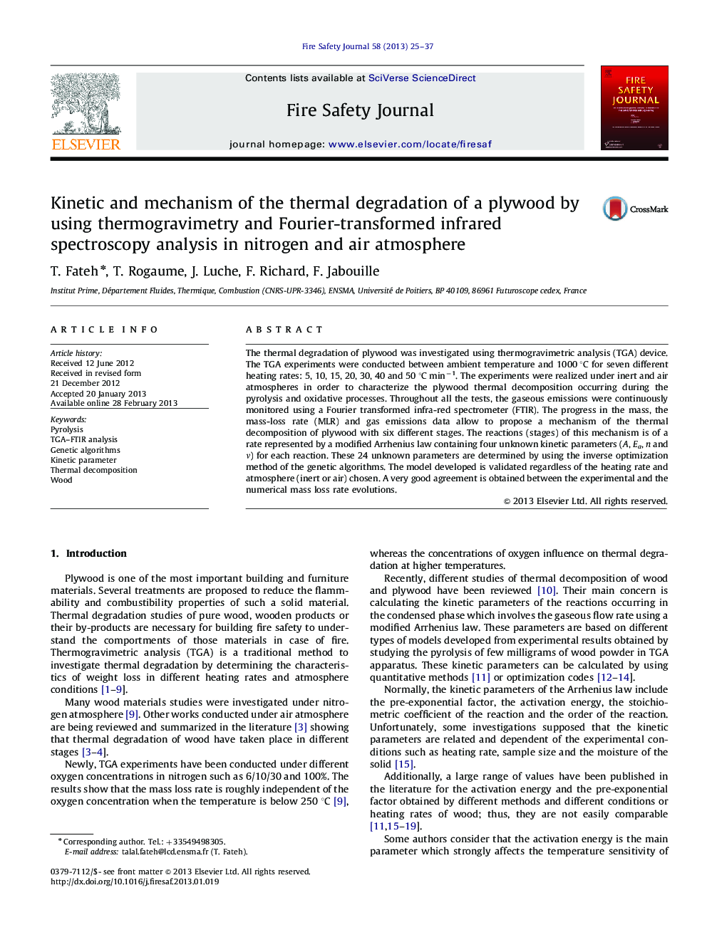 Kinetic and mechanism of the thermal degradation of a plywood by using thermogravimetry and Fourier-transformed infrared spectroscopy analysis in nitrogen and air atmosphere