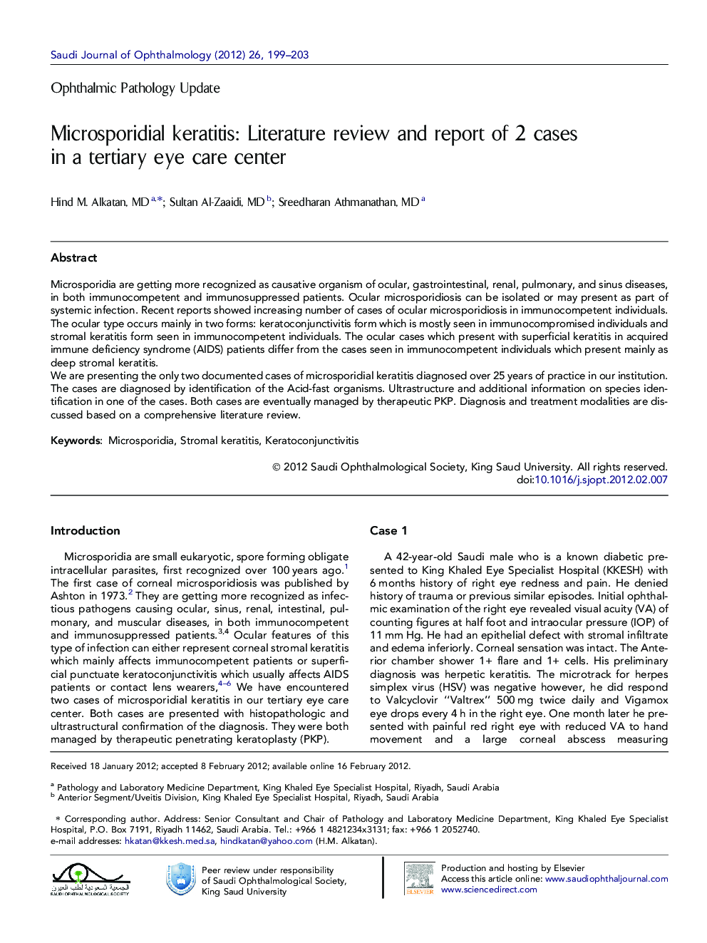 Microsporidial keratitis: Literature review and report of 2 cases in a tertiary eye care center 