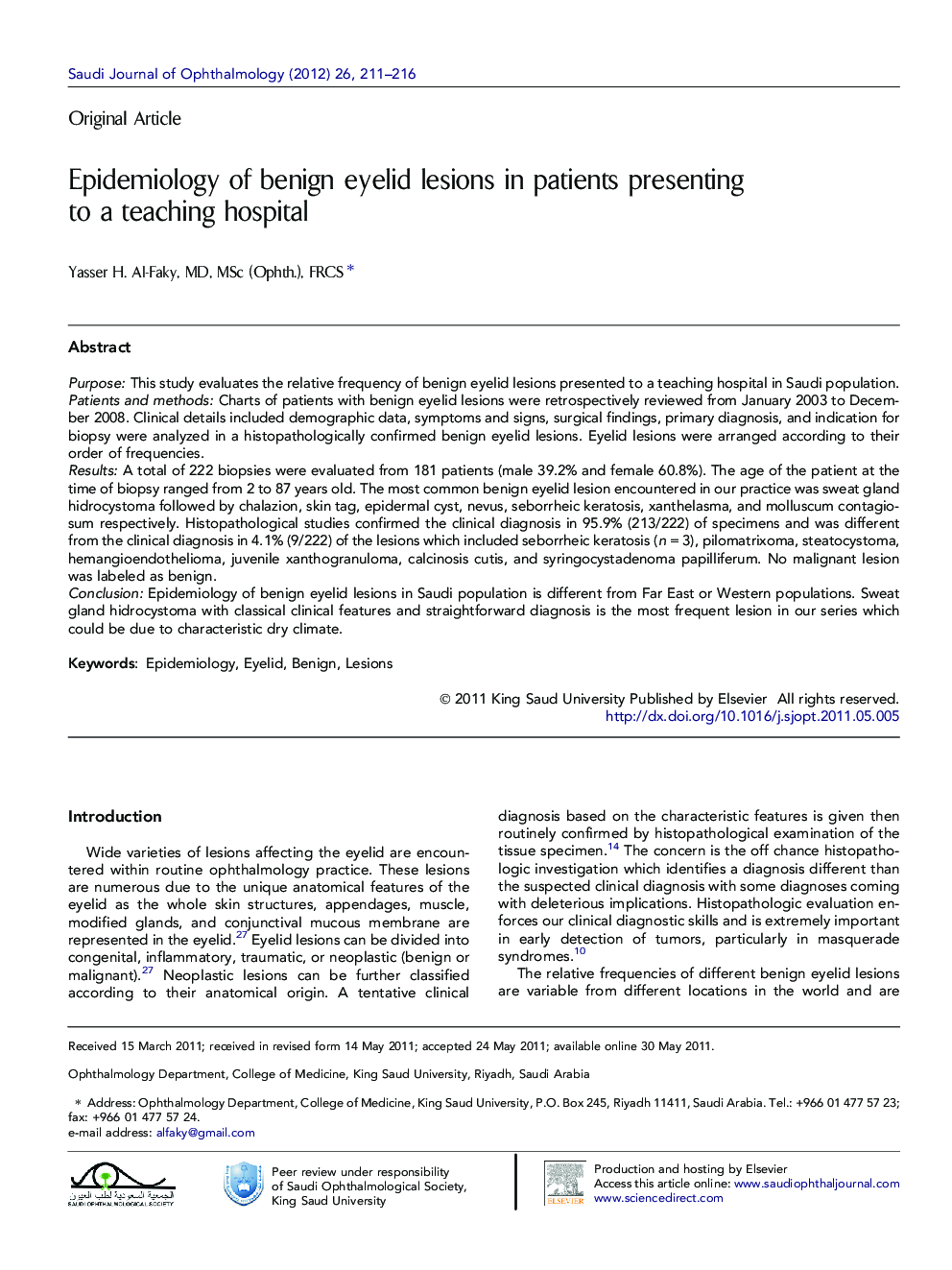 Epidemiology of benign eyelid lesions in patients presenting to a teaching hospital