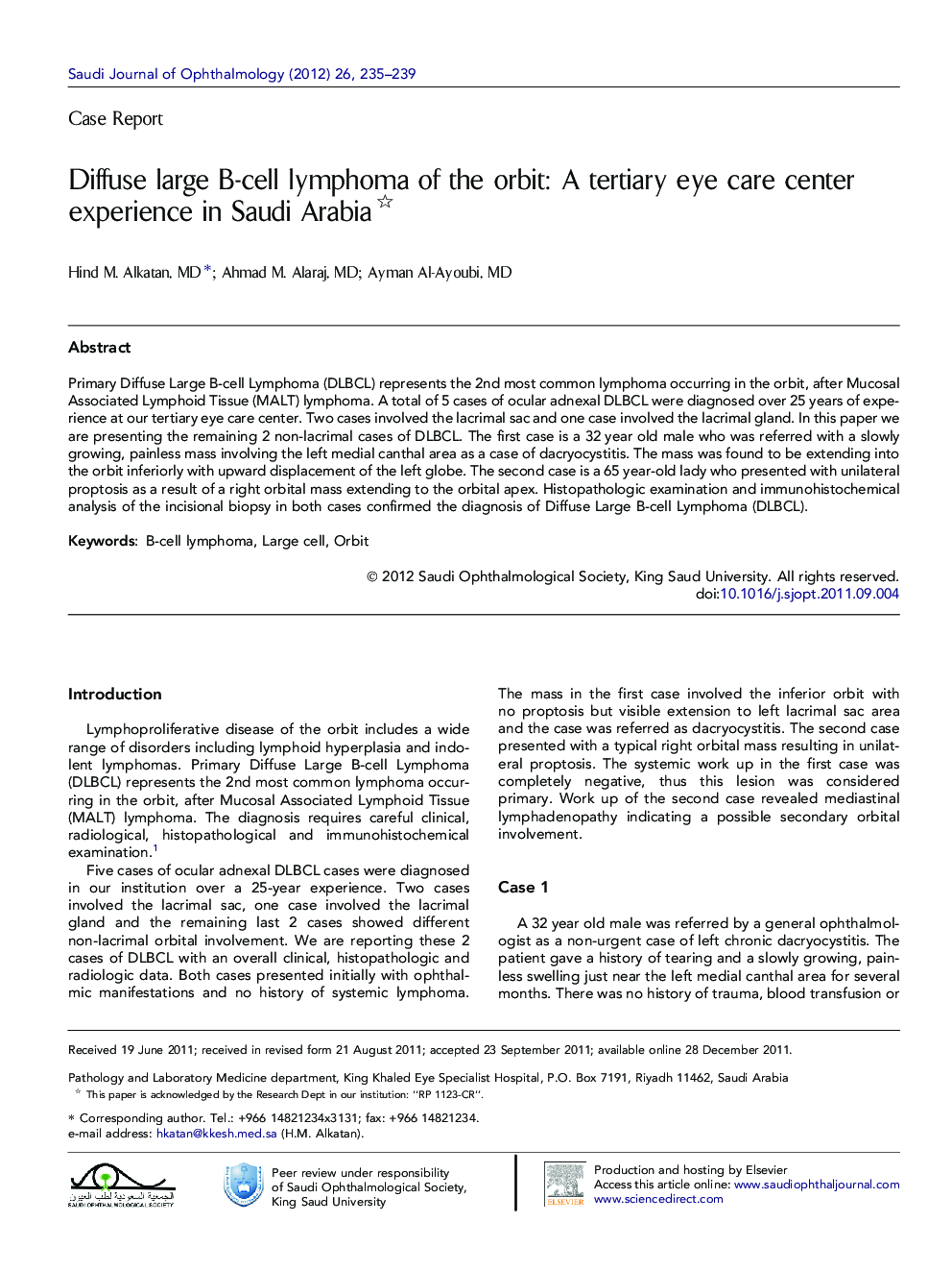 Diffuse large B-cell lymphoma of the orbit: A tertiary eye care center experience in Saudi Arabia 