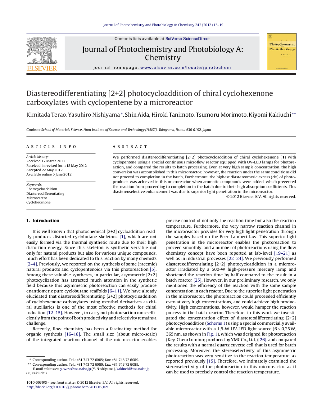 Diastereodifferentiating [2+2] photocycloaddition of chiral cyclohexenone carboxylates with cyclopentene by a microreactor