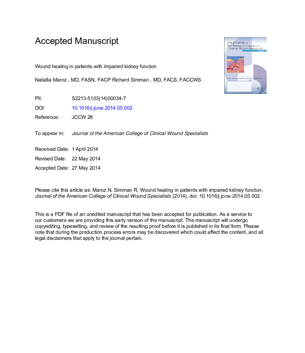 Wound Healing in Patients With Impaired Kidney Function