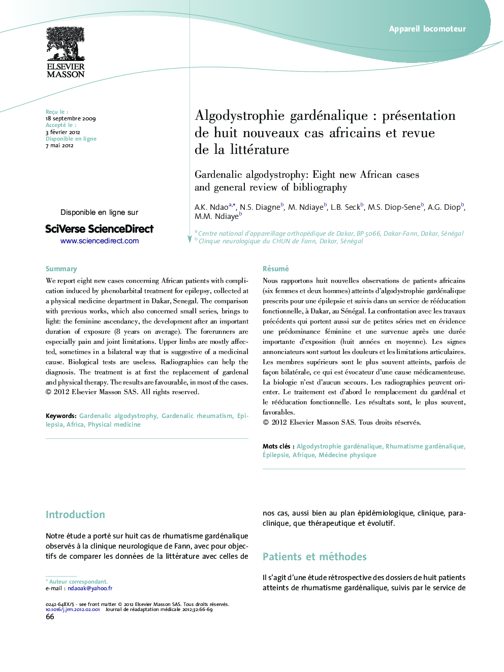 Algodystrophie gardénaliqueÂ : présentation de huit nouveaux cas africains et revue de la littérature