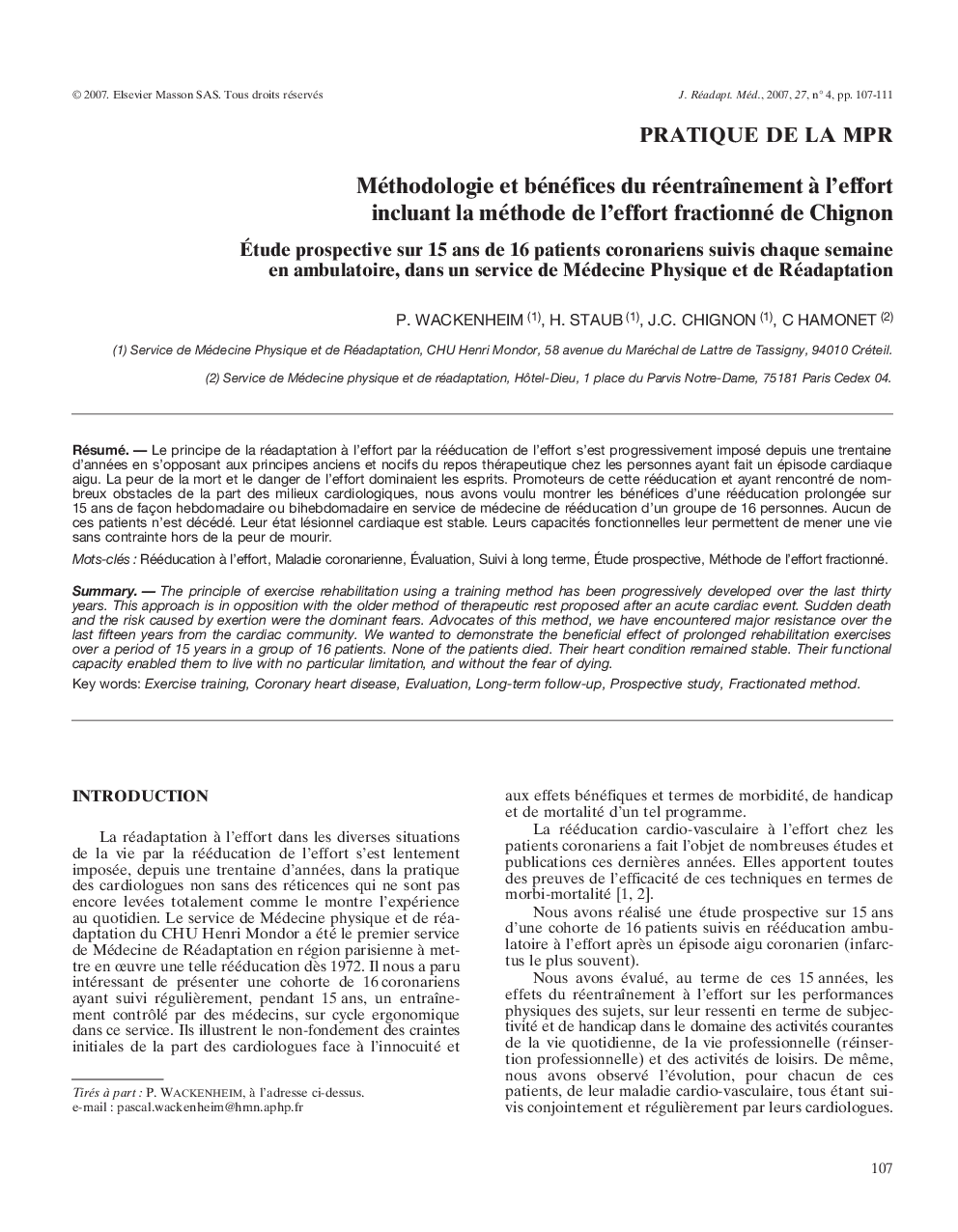 Méthodologie et bénéfices du réentraÃ®nement Ã  l'effort incluant la méthode de l'effort fractionné de Chignon