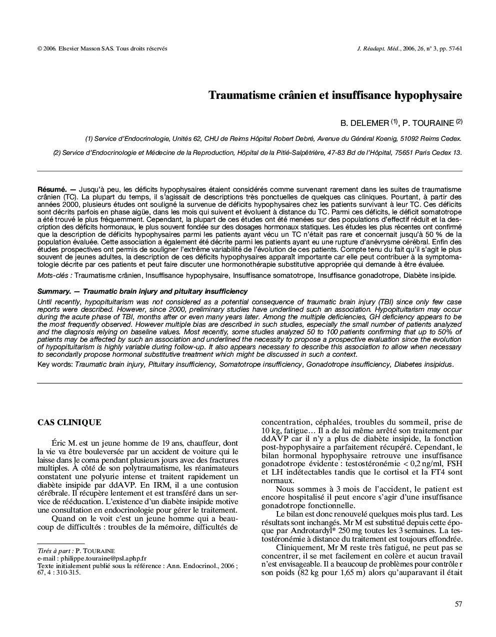 Traumatisme crÃ¢nien et insuffisance hypophysaire