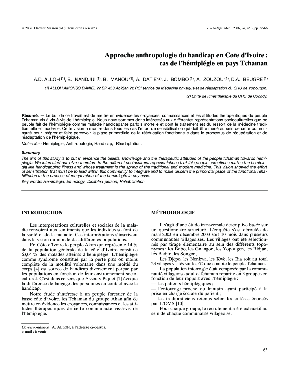 Approche anthropologie du handicap en Cote d'Ivoire: cas de l'hémiplégie en pays Tchaman