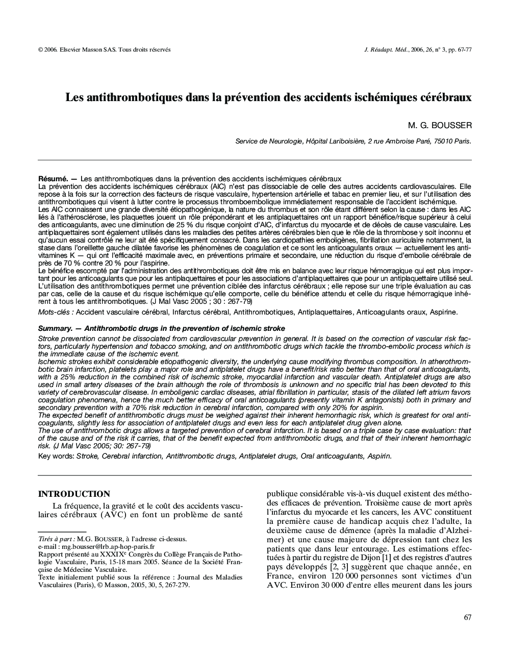 Les antithrombotiques dans la prévention des accidents ischémiques cérébraux