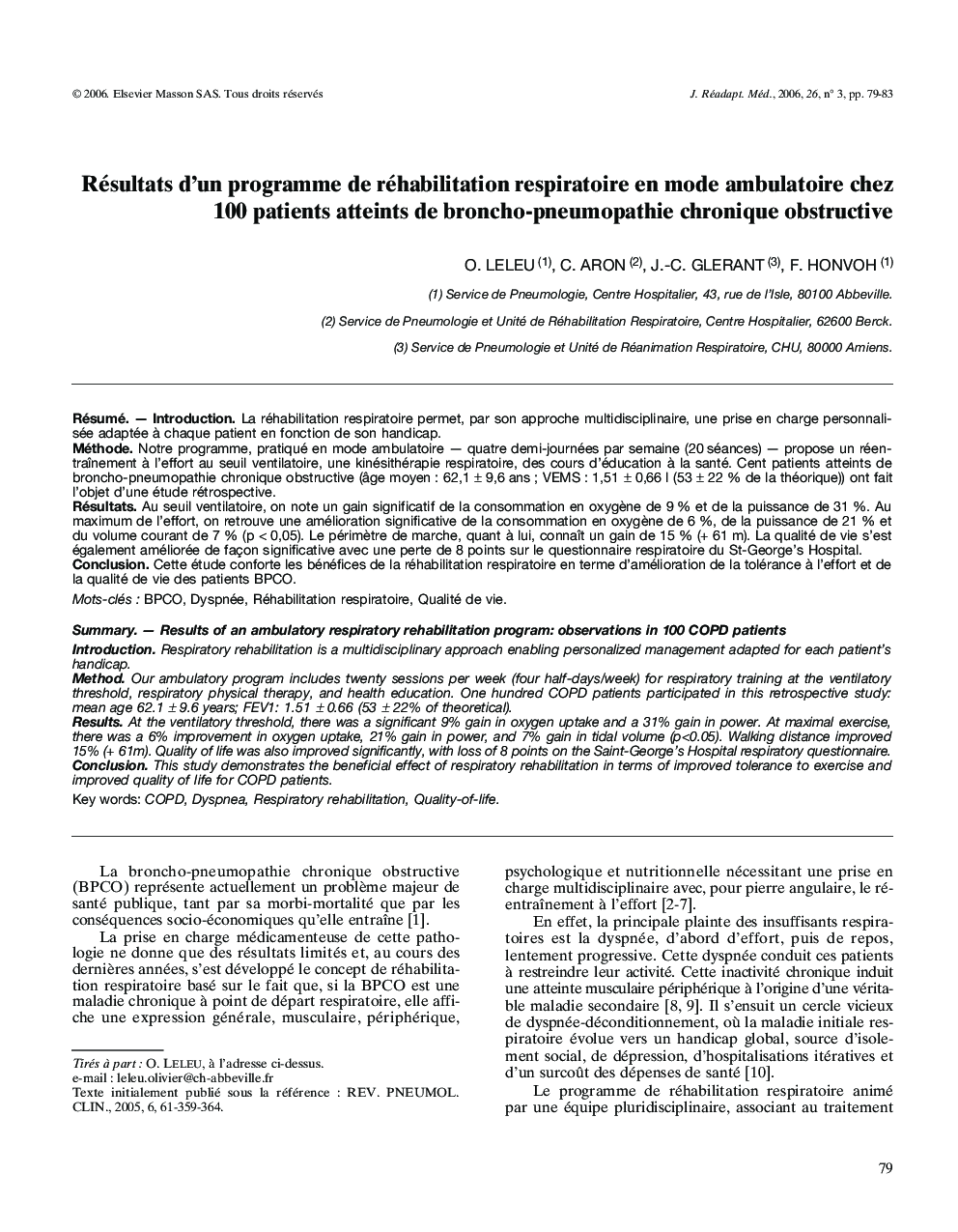 Résultats d'un programme de réhabilitation respiratoire en mode ambulatoire chez 100 patients atteints de broncho-pneumopathie chronique obstructive