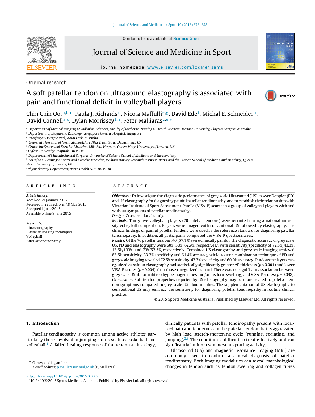 A soft patellar tendon on ultrasound elastography is associated with pain and functional deficit in volleyball players