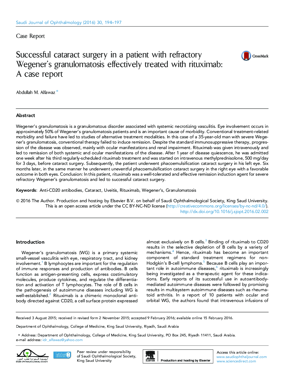 Successful cataract surgery in a patient with refractory Wegener’s granulomatosis effectively treated with rituximab: A case report 