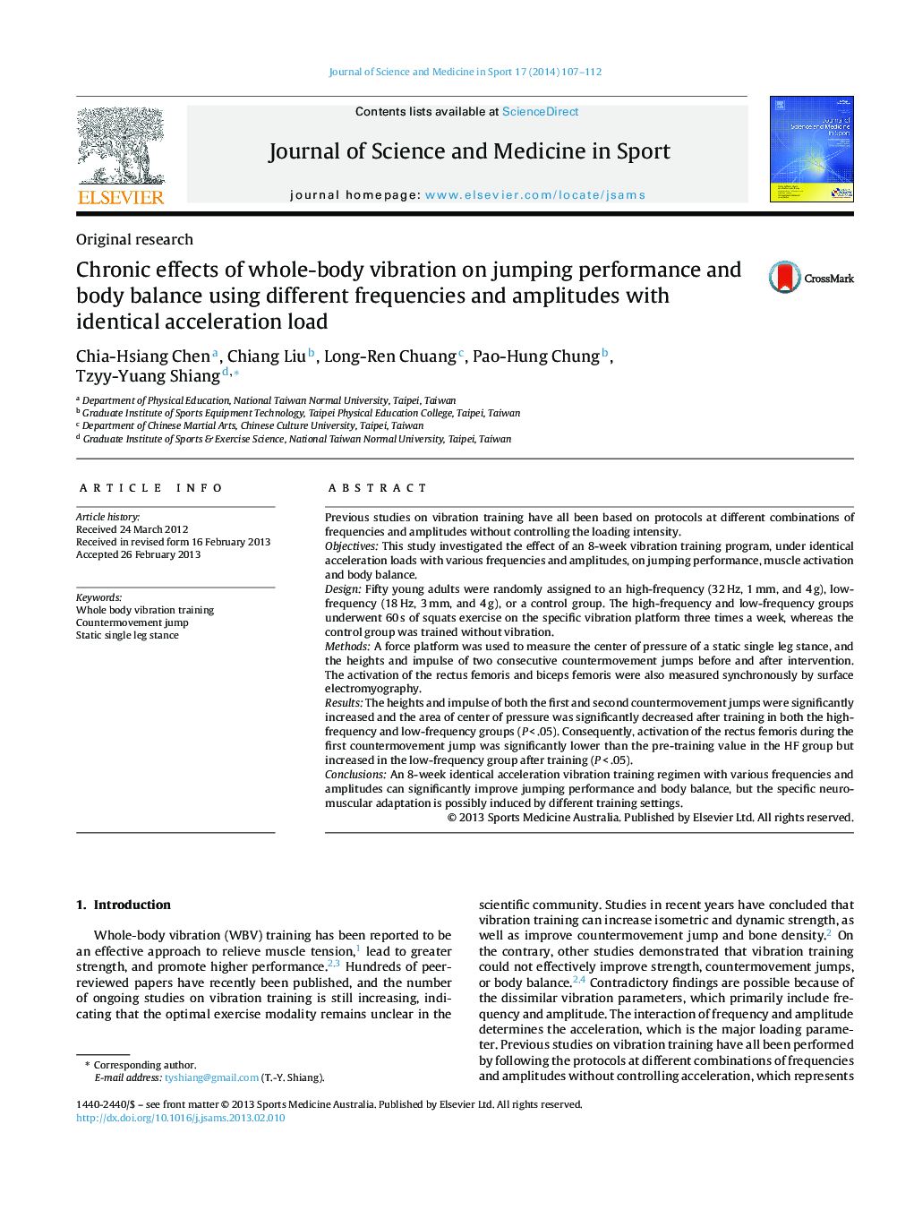 Chronic effects of whole-body vibration on jumping performance and body balance using different frequencies and amplitudes with identical acceleration load