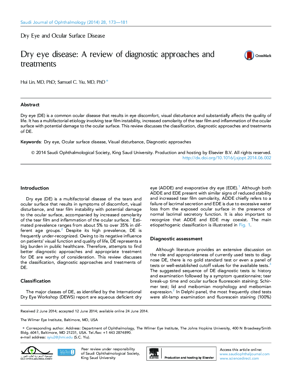 Dry eye disease: A review of diagnostic approaches and treatments 