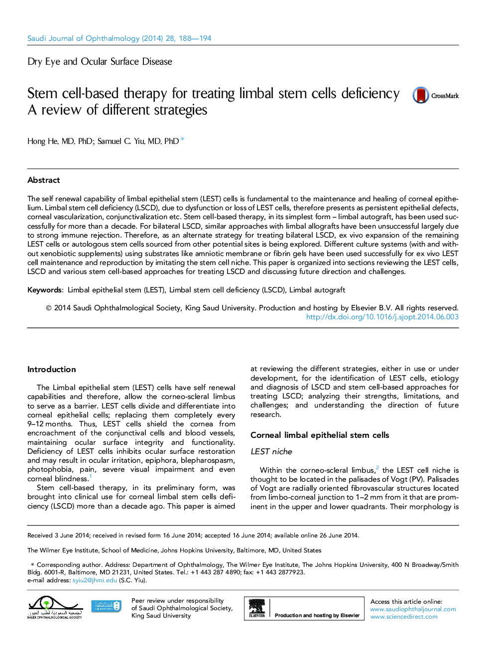 Stem cell-based therapy for treating limbal stem cells deficiency: A review of different strategies 