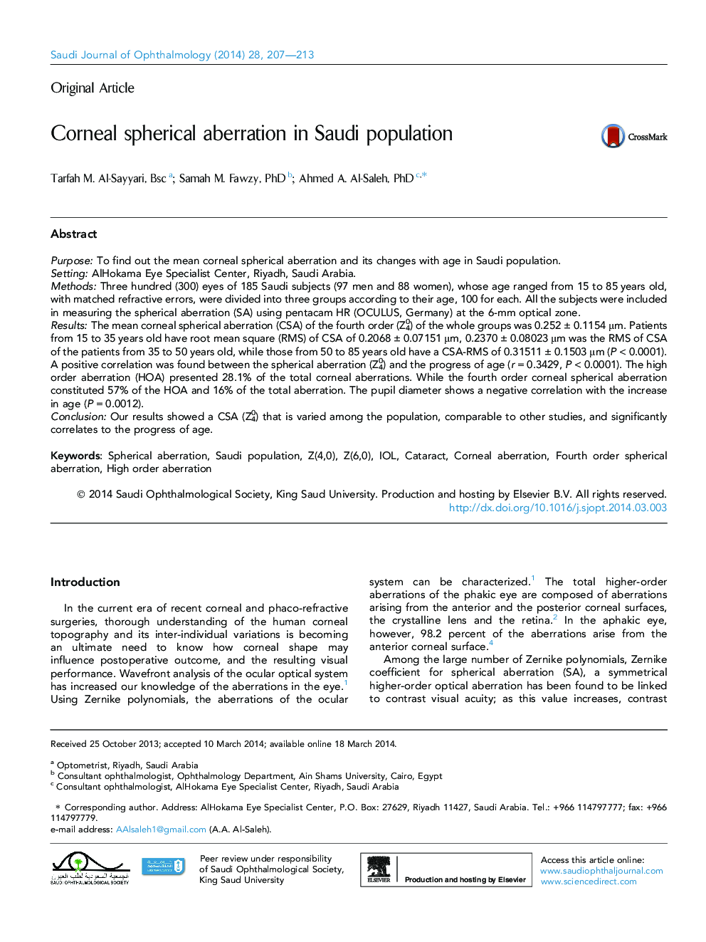 Corneal spherical aberration in Saudi population 