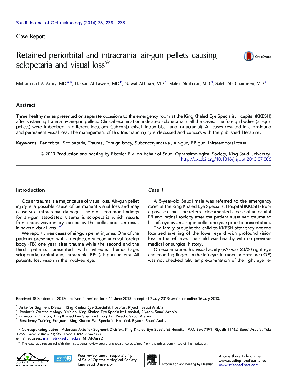 Retained periorbital and intracranial air-gun pellets causing sclopetaria and visual loss 