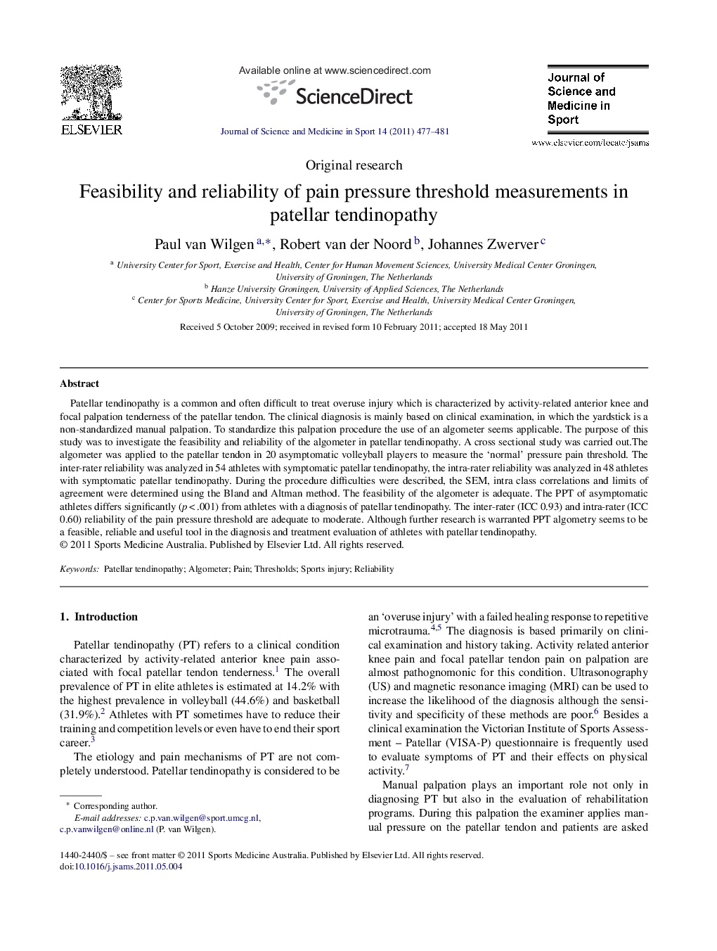 Feasibility and reliability of pain pressure threshold measurements in patellar tendinopathy