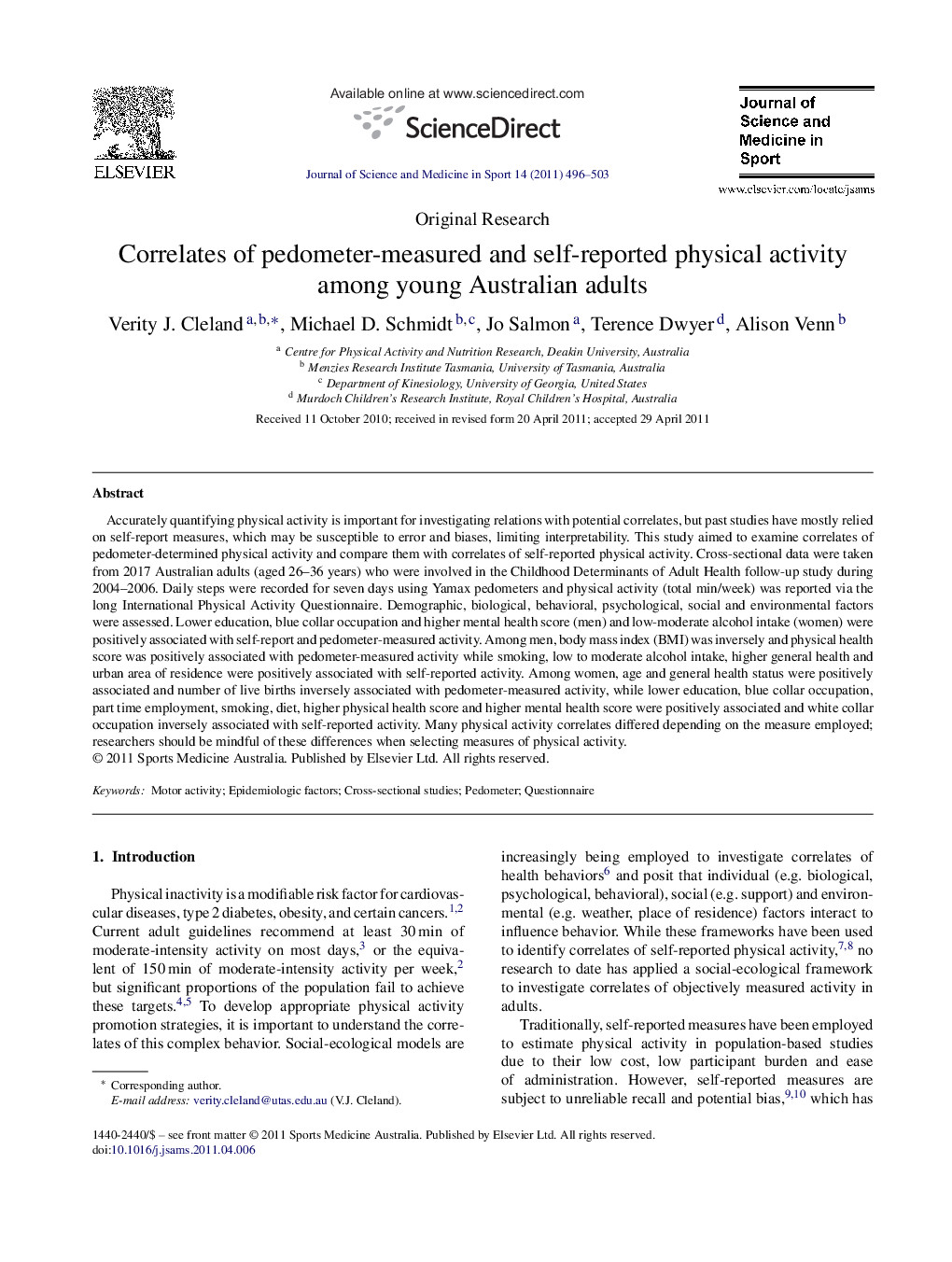 Correlates of pedometer-measured and self-reported physical activity among young Australian adults