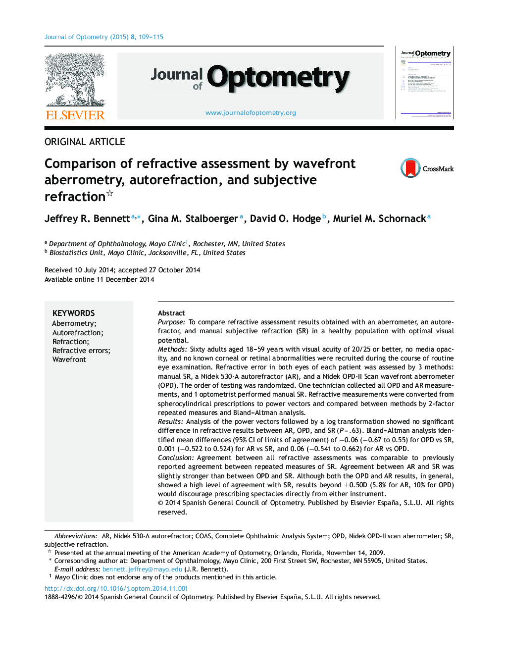 Comparison of refractive assessment by wavefront aberrometry, autorefraction, and subjective refraction 