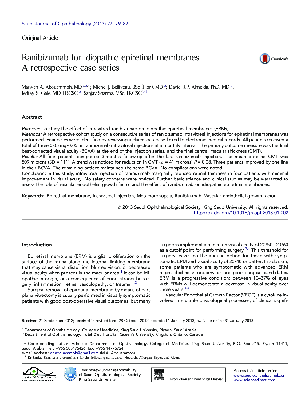 Ranibizumab for idiopathic epiretinal membranes: A retrospective case series 