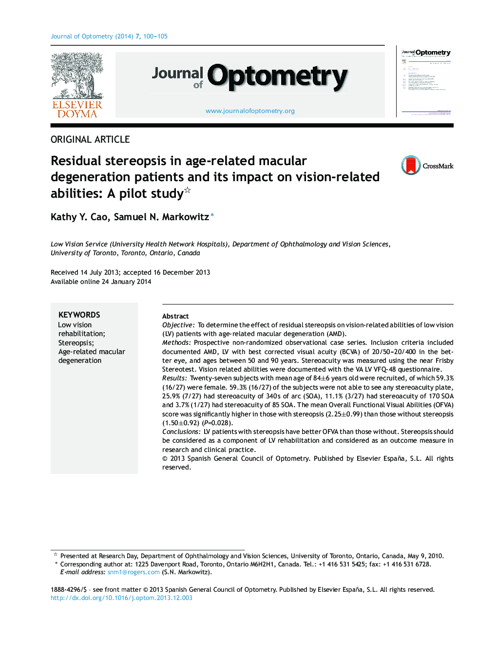 Residual stereopsis in age-related macular degeneration patients and its impact on vision-related abilities: A pilot study 