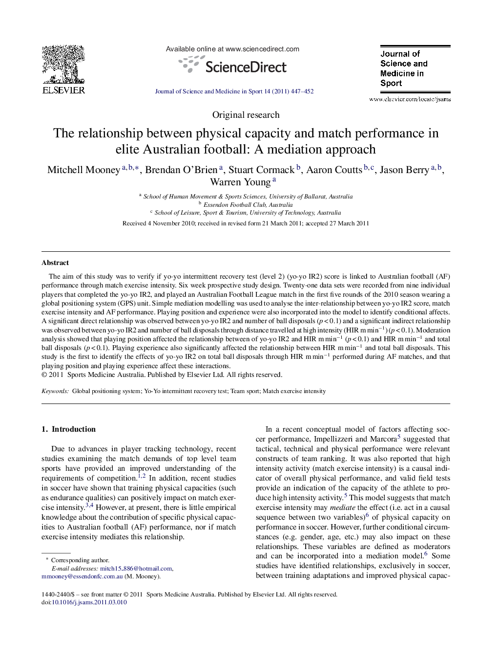 The relationship between physical capacity and match performance in elite Australian football: A mediation approach