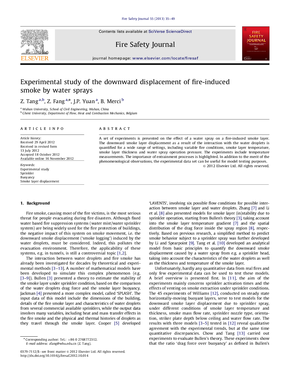 Experimental study of the downward displacement of fire-induced smoke by water sprays