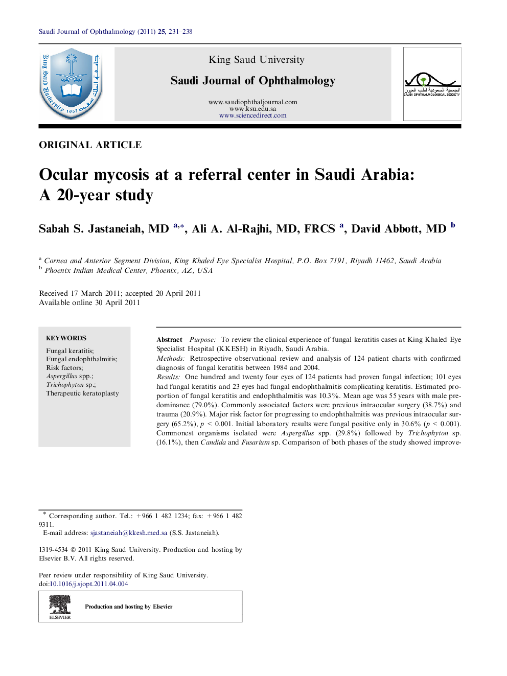 Ocular mycosis at a referral center in Saudi Arabia: A 20-year study