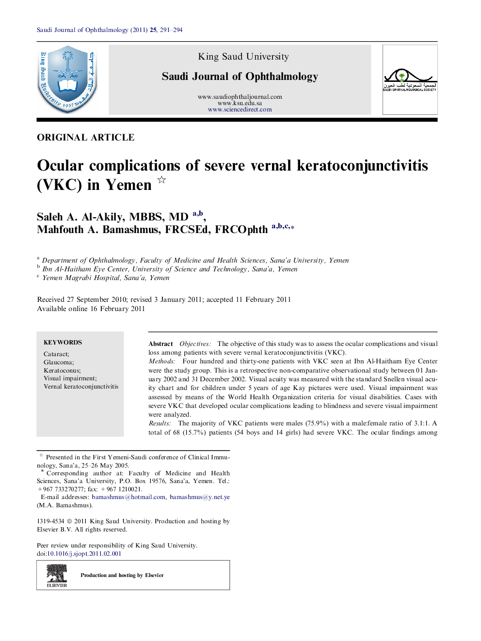 Ocular complications of severe vernal keratoconjunctivitis (VKC) in Yemen 