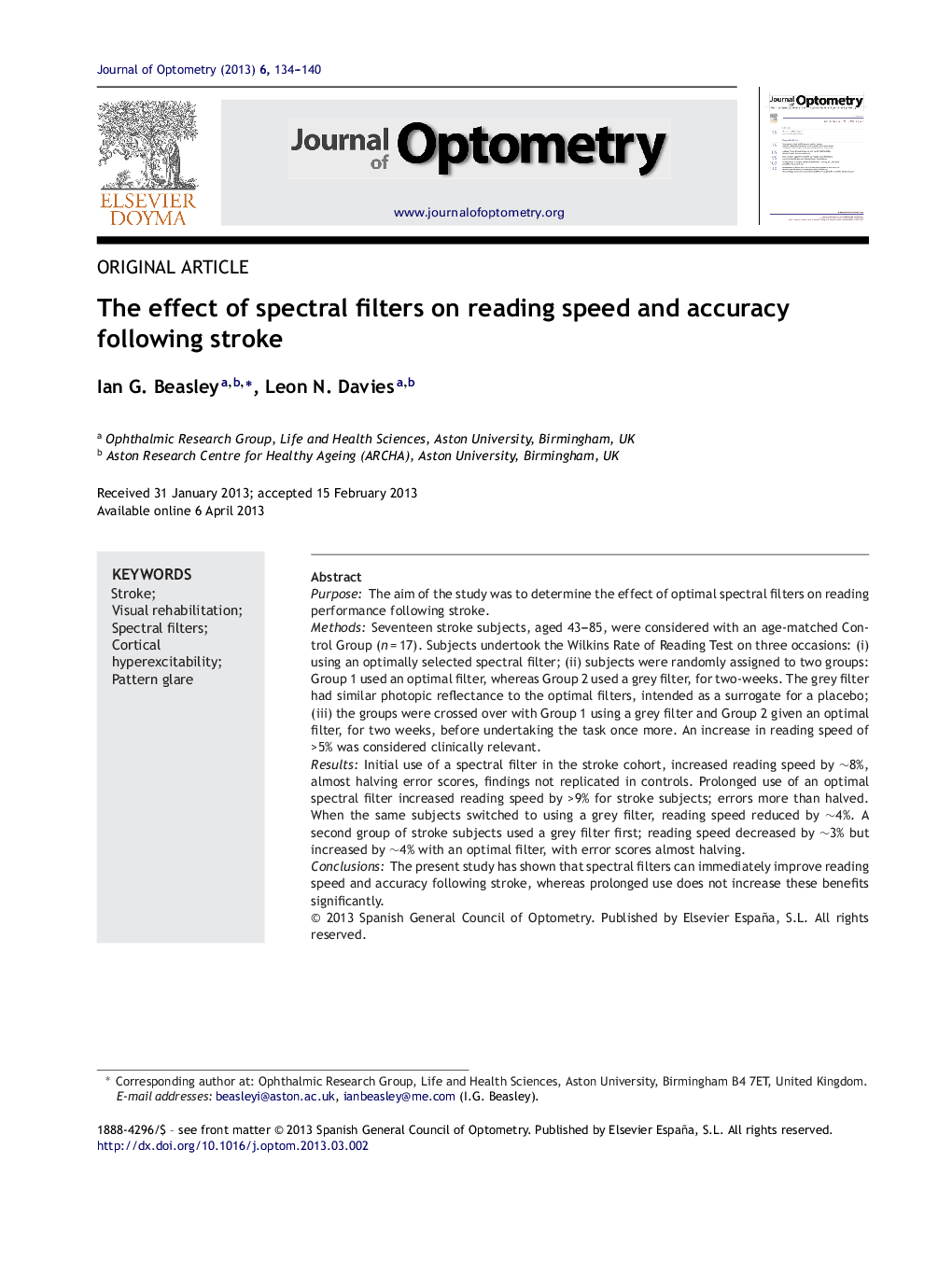 The effect of spectral filters on reading speed and accuracy following stroke