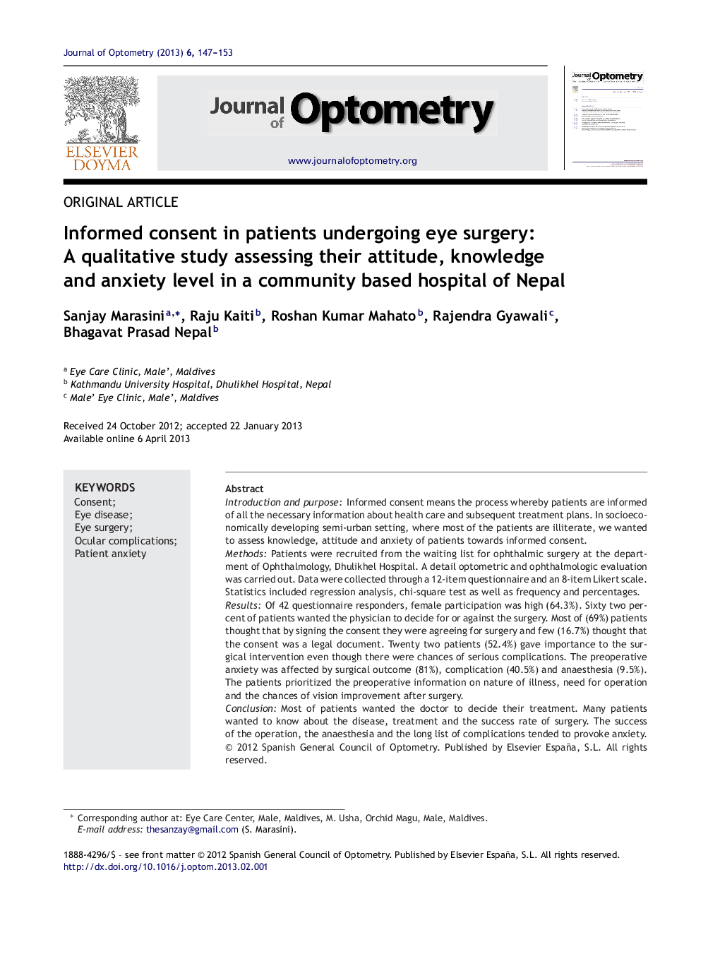 Informed consent in patients undergoing eye surgery: A qualitative study assessing their attitude, knowledge and anxiety level in a community based hospital of Nepal