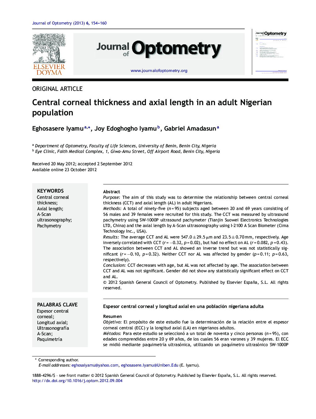 Central corneal thickness and axial length in an adult Nigerian population