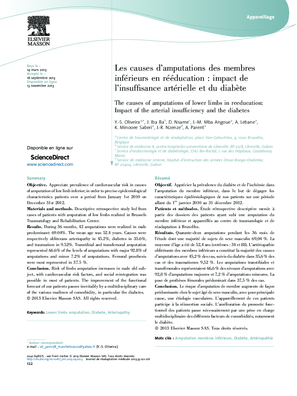 Les causes d'amputations des membres inférieurs en rééducationÂ : impact de l'insuffisance artérielle et du diabÃ¨te