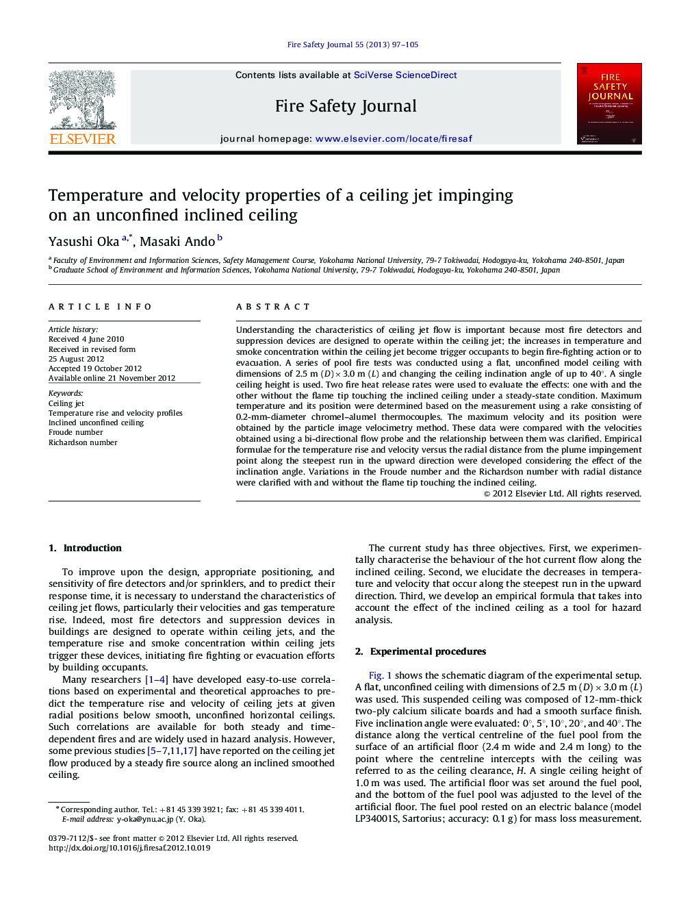 Temperature and velocity properties of a ceiling jet impinging on an unconfined inclined ceiling