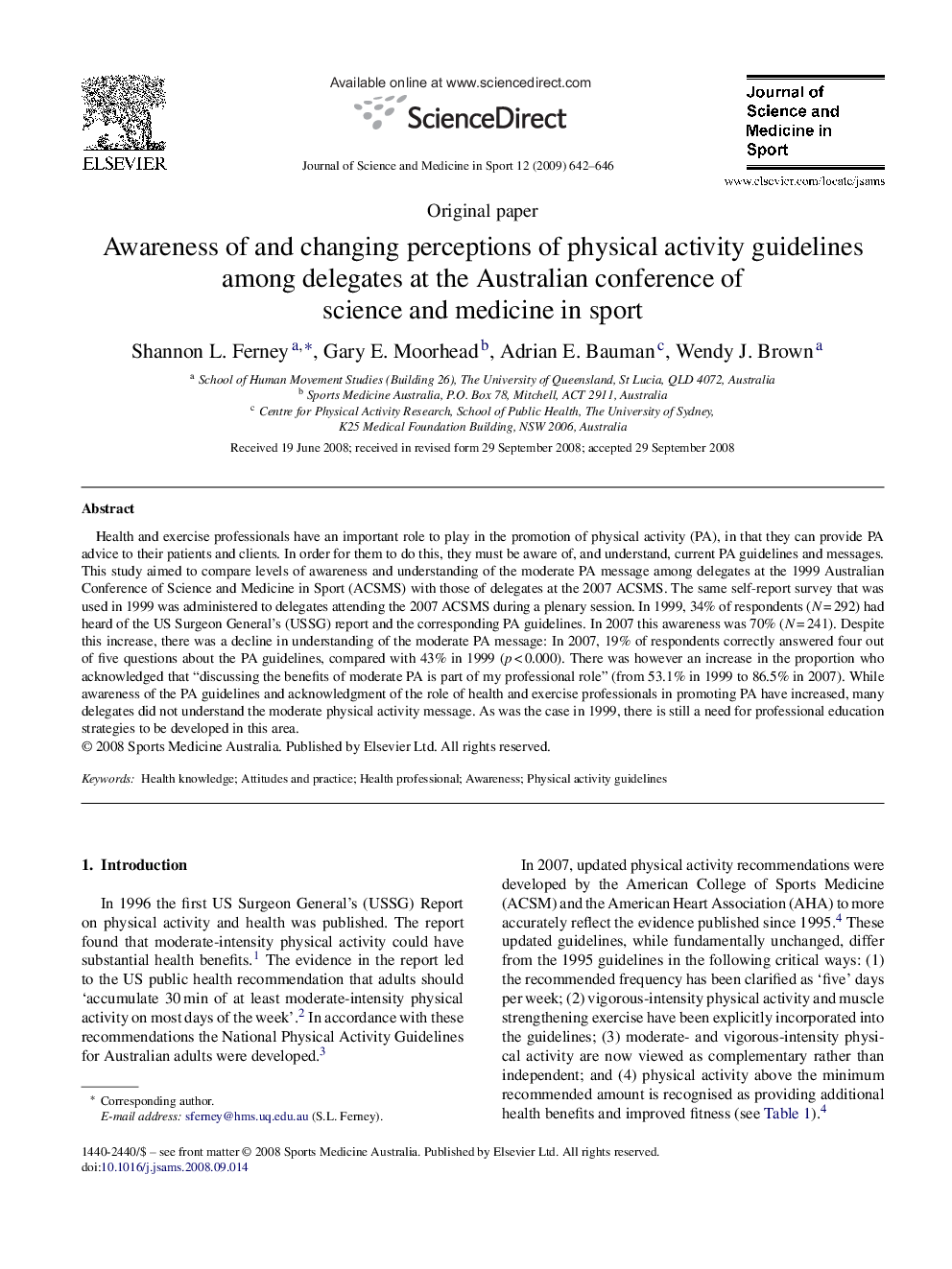 Awareness of and changing perceptions of physical activity guidelines among delegates at the Australian conference of science and medicine in sport