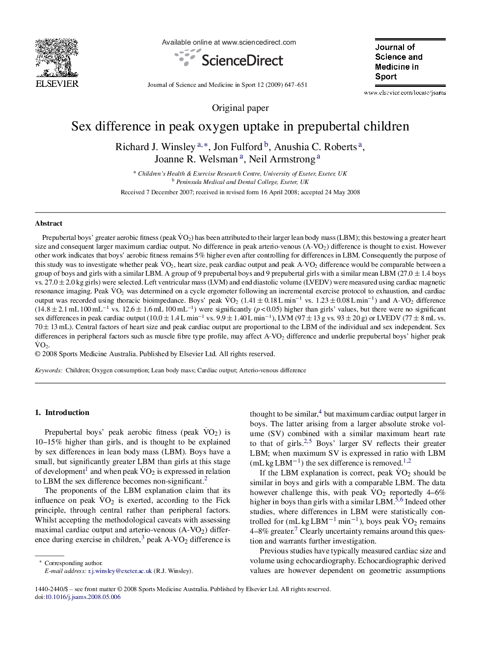 Sex difference in peak oxygen uptake in prepubertal children