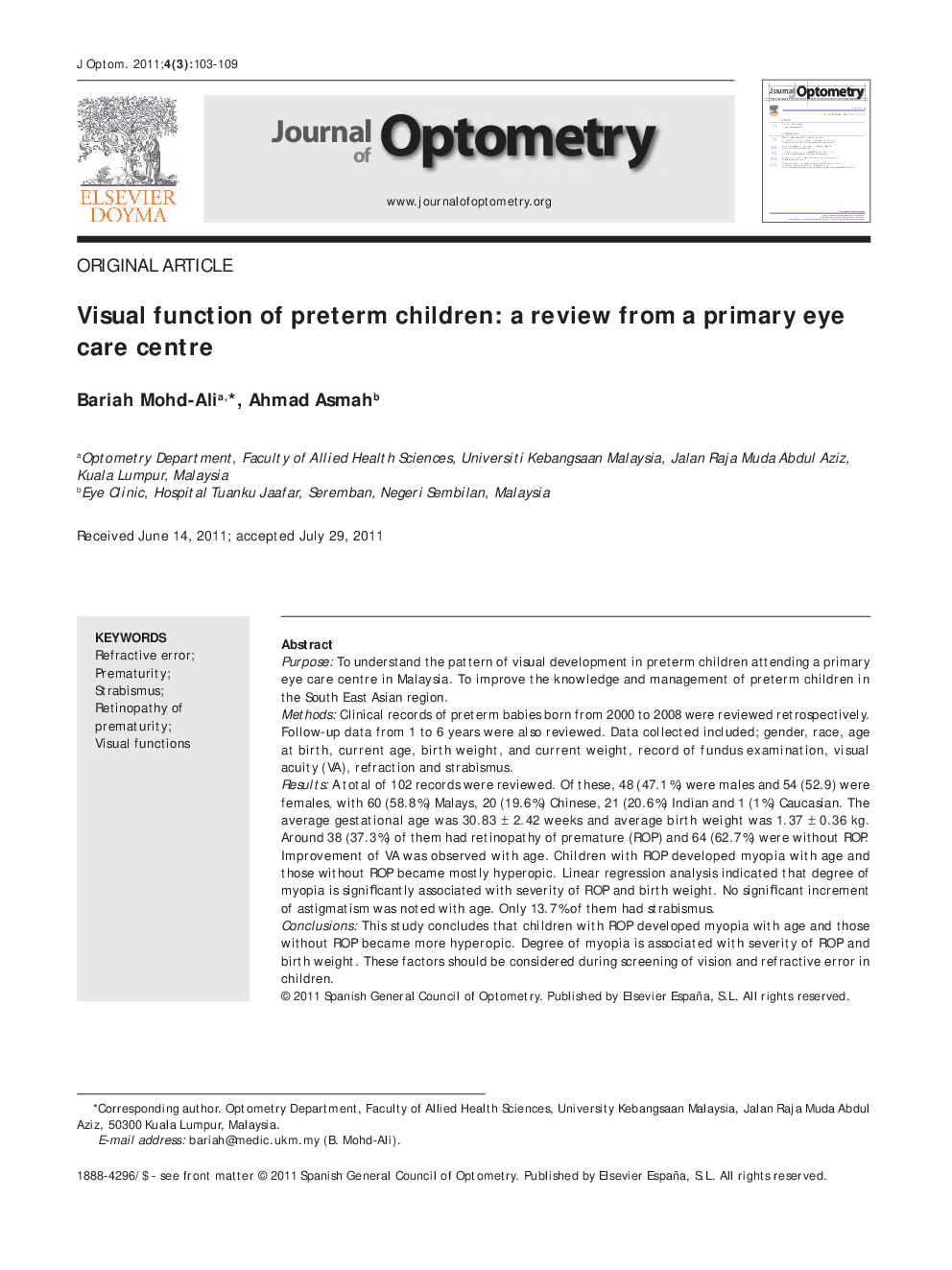 Visual function of preterm children: a review from a primary eye care centre