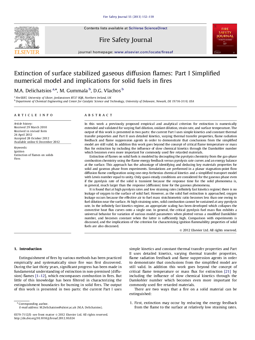 Extinction of surface stabilized gaseous diffusion flames: Part I Simplified numerical model and implications for solid fuels in fires