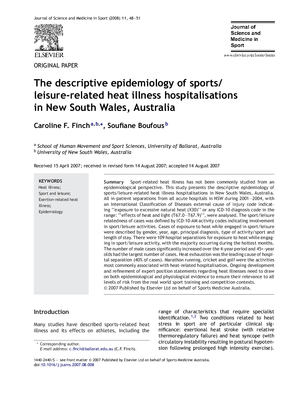 The descriptive epidemiology of sports/leisure-related heat illness hospitalisations in New South Wales, Australia