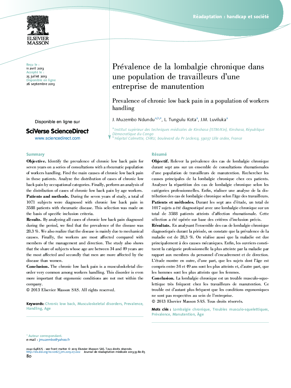 Prévalence de la lombalgie chronique dans une population de travailleurs d'une entreprise de manutention