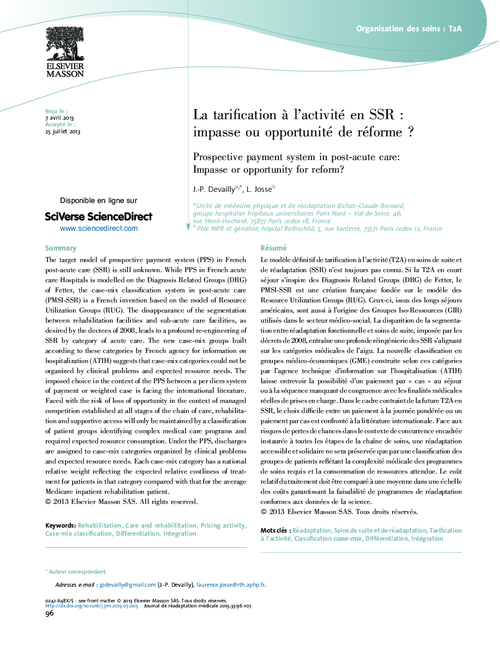 La tarification Ã  l'activité en SSRÂ : impasse ou opportunité de réformeÂ ?