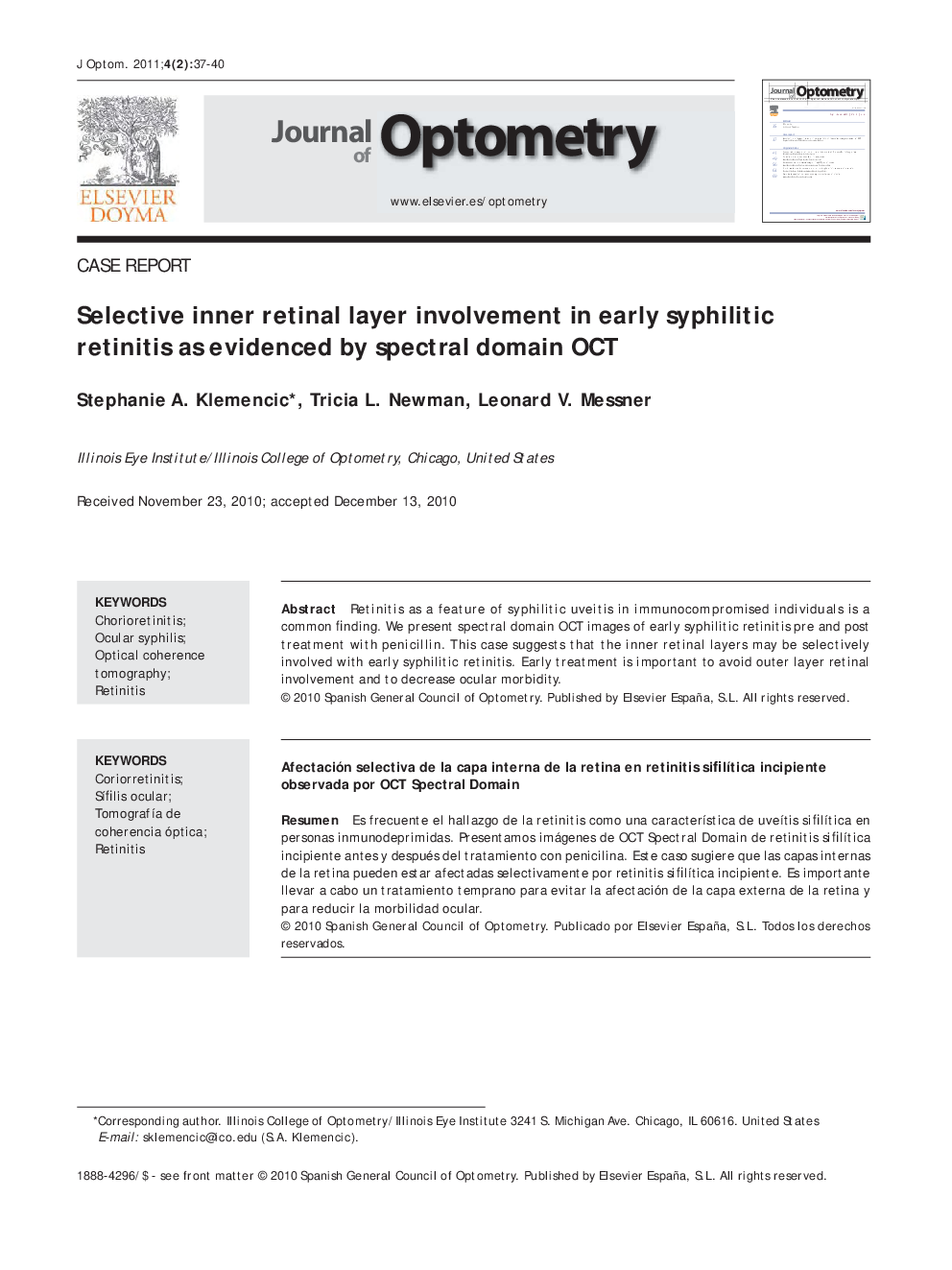 Selective inner retinal layer involvement in early syphilitic retinitis as evidenced by spectral domain OCT