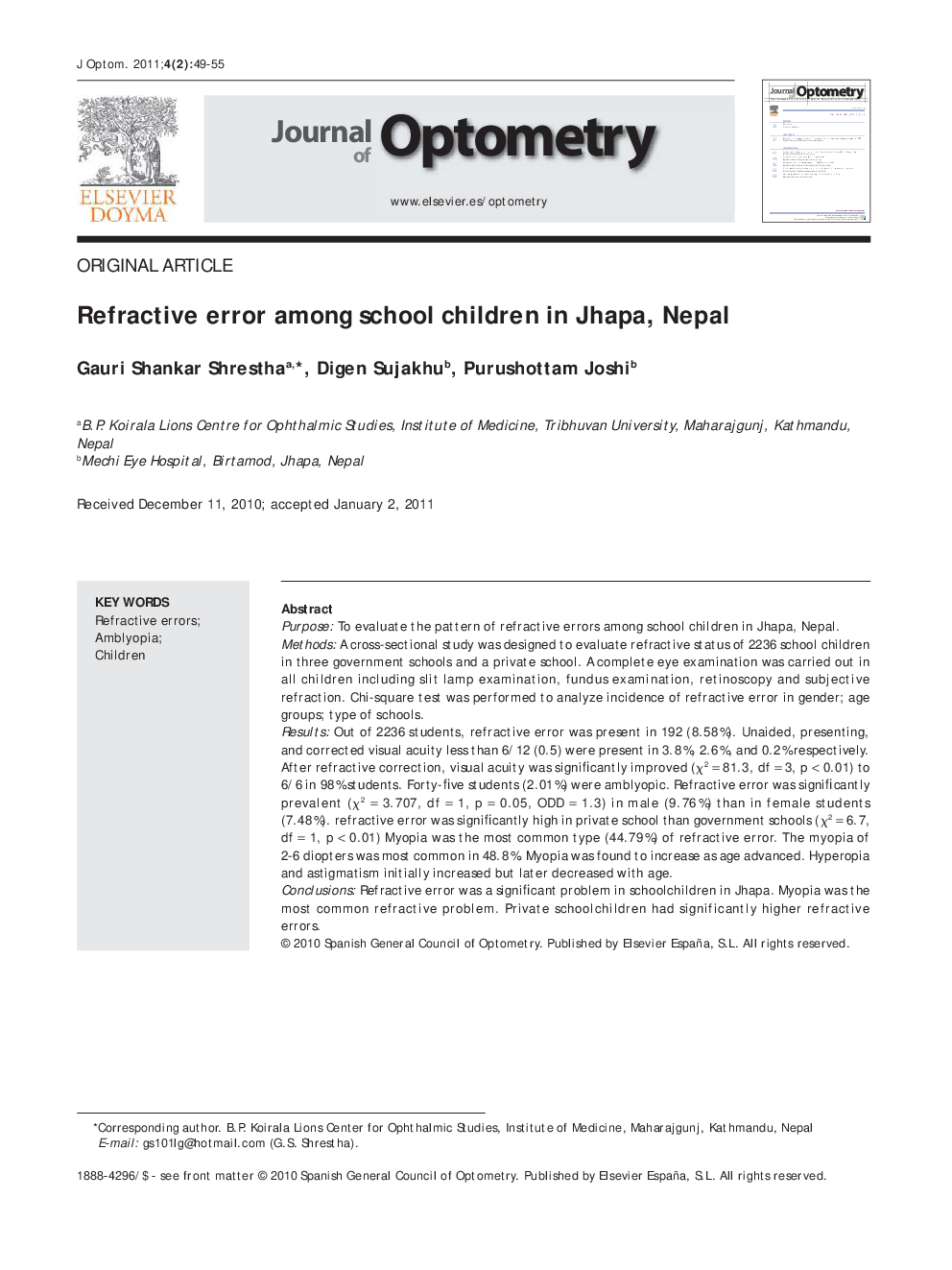 Refractive error among school children in Jhapa, Nepal