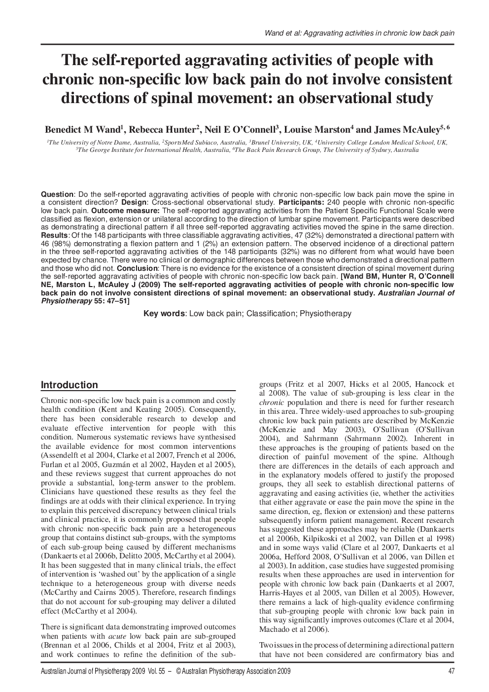 The self-reported aggravating activities of people with chronic non-specific low back pain do not involve consistent directions of spinal movement: an observational study