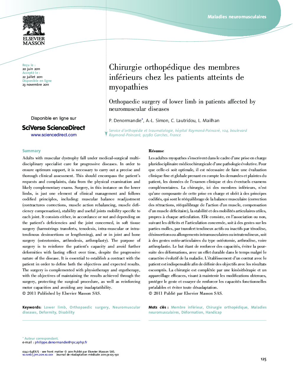 Chirurgie orthopédique des membres inférieurs chez les patients atteints de myopathies