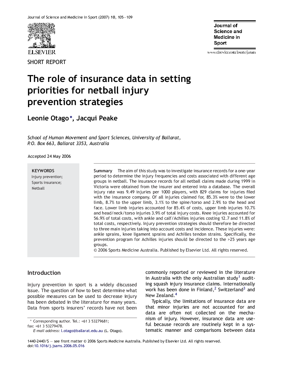The role of insurance data in setting priorities for netball injury prevention strategies