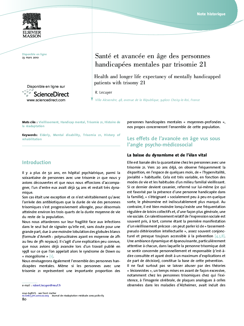 Santé et avancée en Ã¢ge des personnes handicapées mentales par trisomieÂ 21