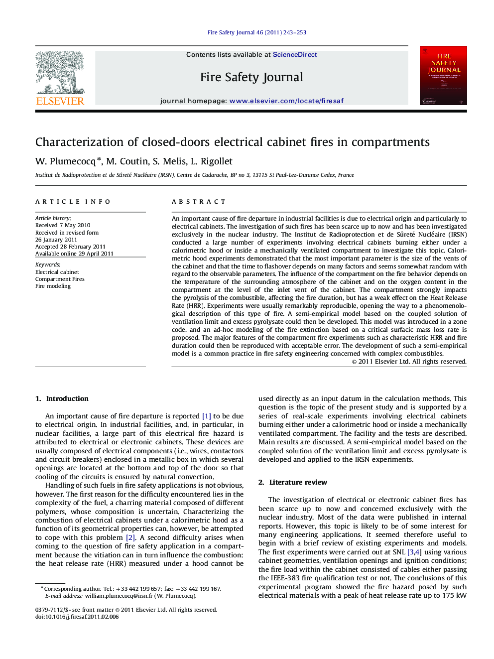 Characterization of closed-doors electrical cabinet fires in compartments