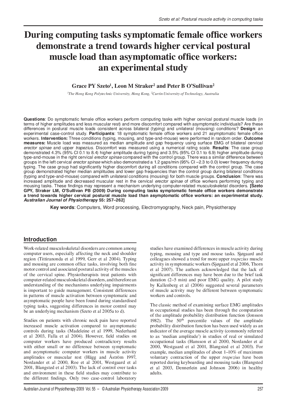 During computing tasks symptomatic female office workers demonstrate a trend towards higher cervical postural muscle load than asymptomatic office workers: an experimental study