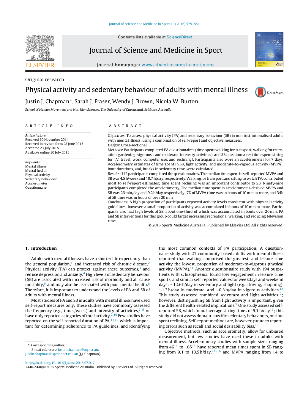 Physical activity and sedentary behaviour of adults with mental illness