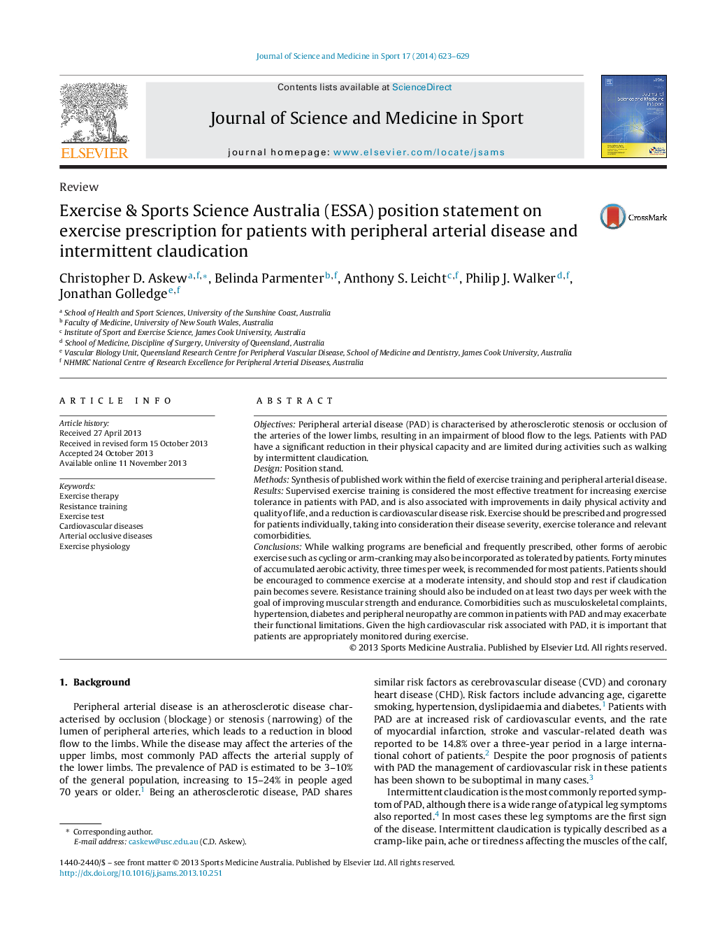 Exercise & Sports Science Australia (ESSA) position statement on exercise prescription for patients with peripheral arterial disease and intermittent claudication